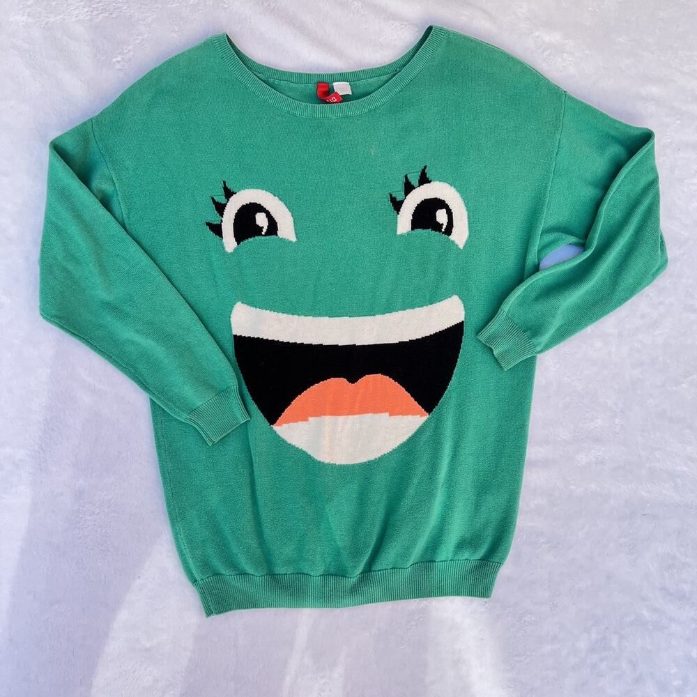 H&M Women’s Green Graphic Face Smile Knit Pullover Sweater Size 6